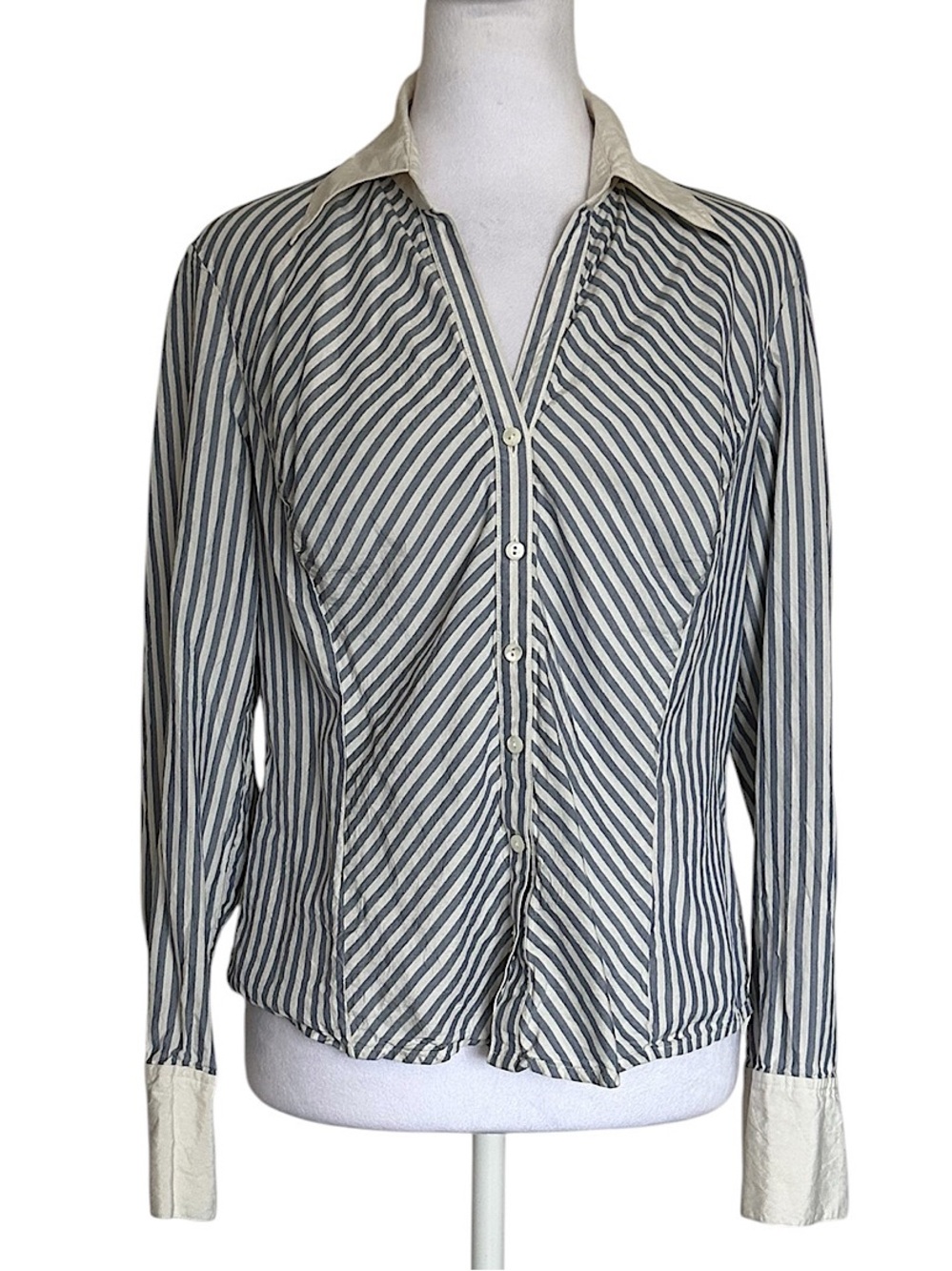 Talbots Women’s Button-Up Top 100% Silk Tailored Fit Striped Beige Blue Size 8